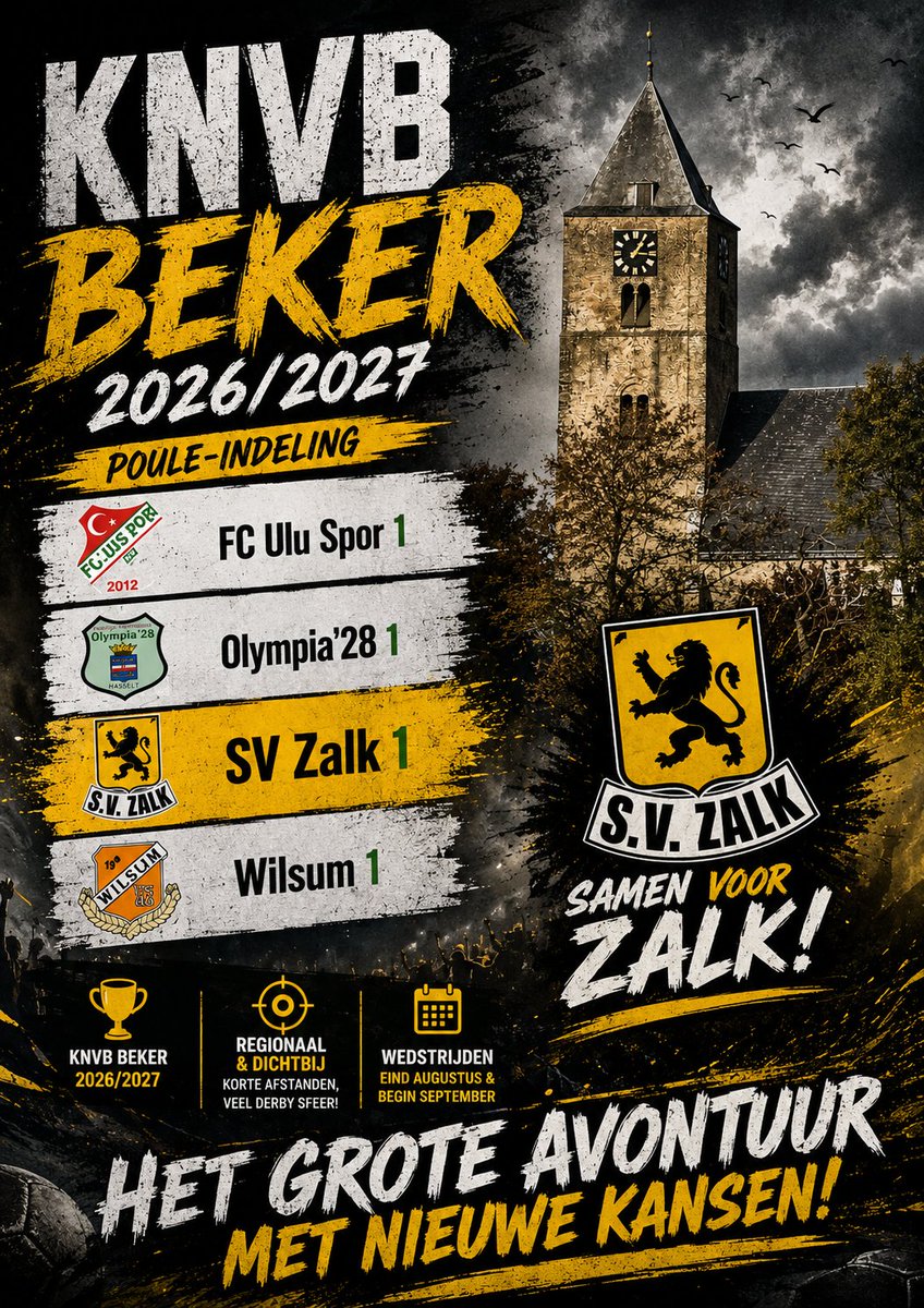 svzalk's tweet photo. KNVB Beker 2026-2027

De indeling voor het bekertoernooi is door de KNVB bekendgemaakt. Voor SV Zalk wacht naast een zwaar seizoen op een hoger niveau in de competitie ook een .......

Lees snel verder:
https://t.co/F0Oi4qafnz https://t.co/89sk8CcJTD