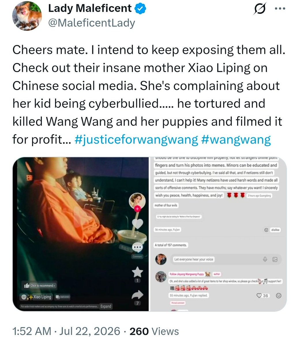 MaleficentLady's tweet photo. Twitter deleted this post. Are you Goddamn kidding me? The spcial media posts of the mother of at least one of the boys who tortured and killed Wang Wang.
I have violated NOTHING by sharing what she herself posted on a public social media forum.
I apologise for nothing.
Share widely. I'll re-upload the whole post again properly tomorrow.
#wangwang #justiceforwangwang #jieyang #旺旺 #BoycottJieyang #Guangdong #boycottguangdong #pingpu #xiaoliping