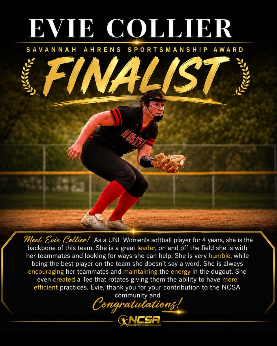 TheNCSA's tweet photo. Congratulations to Evie Collier for being named a finalist for the Savannah Ahrens Sportsmanship award!
#NCSA #UNL #SavannahAhrensAward #ClubSoftball #Sportsmanship https://t.co/ohxobcXneT