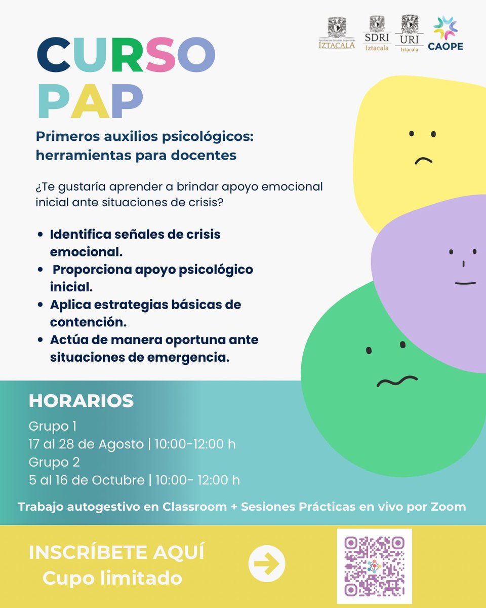 FESI_UNAM's tweet photo. El #CAOPE de la #FESI de la #UNAM te invita el día de hoy al inicio del curso Primeros Auxilios Psicológicos (#PAP): Herramientas para docentes.
💻 Modalidad híbrida
⚠️ Cupo limitado
📲 Registro: https://t.co/60RnJ2WGFa https://t.co/8KBBsSoVir