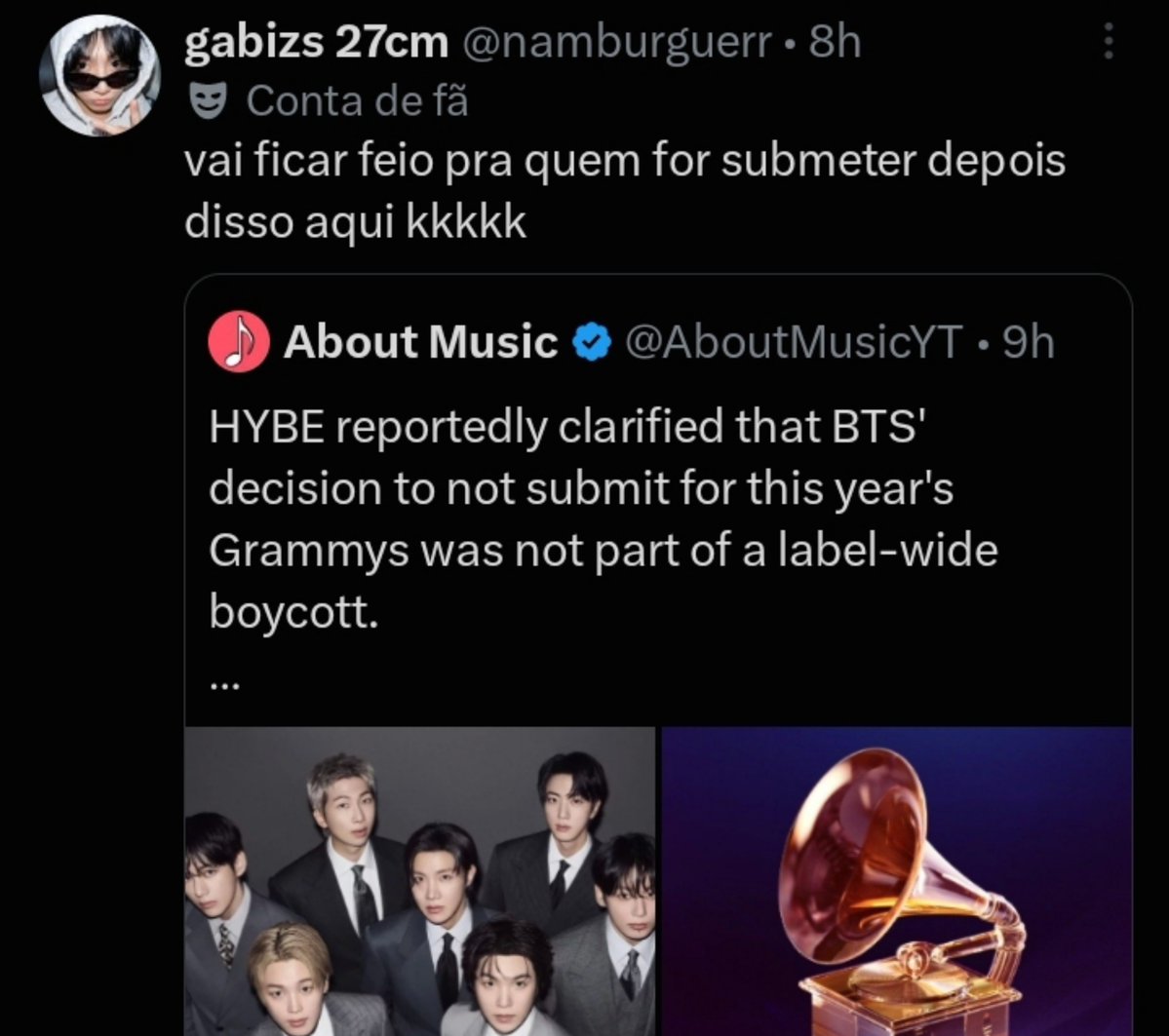 eilishrubyjane's tweet photo. eles submeteram todos esses anos, fizeram bolo pra comemorar a indicação e os fãs usavam o grammy em fanwar, mas agora, coincidentemente quando o primeiro ato de kpop ganhou um grammy, eles abriram os olhos pra xenofobia e racismo do grammy que vem de décadas???? me poupe https://t.co/TzRt0ZCsPf