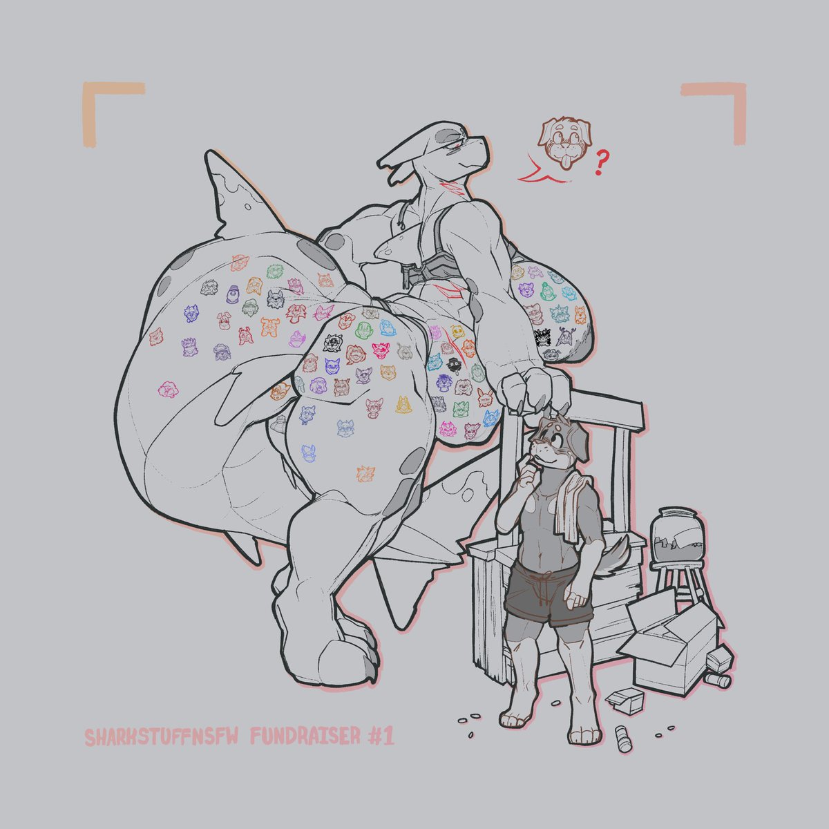 Sharkstuffnsfw's tweet photo. YCH #1! Ft. Everyone who bought a slot during the Fundraiser for Gel!

Seeing how so many people PAID to be fat on Ruth’s meaty flanks, Gunner looks tempted to “contribute”…~

(@/Gunnerrott on Bsky) https://t.co/hstNfm8Iwj
