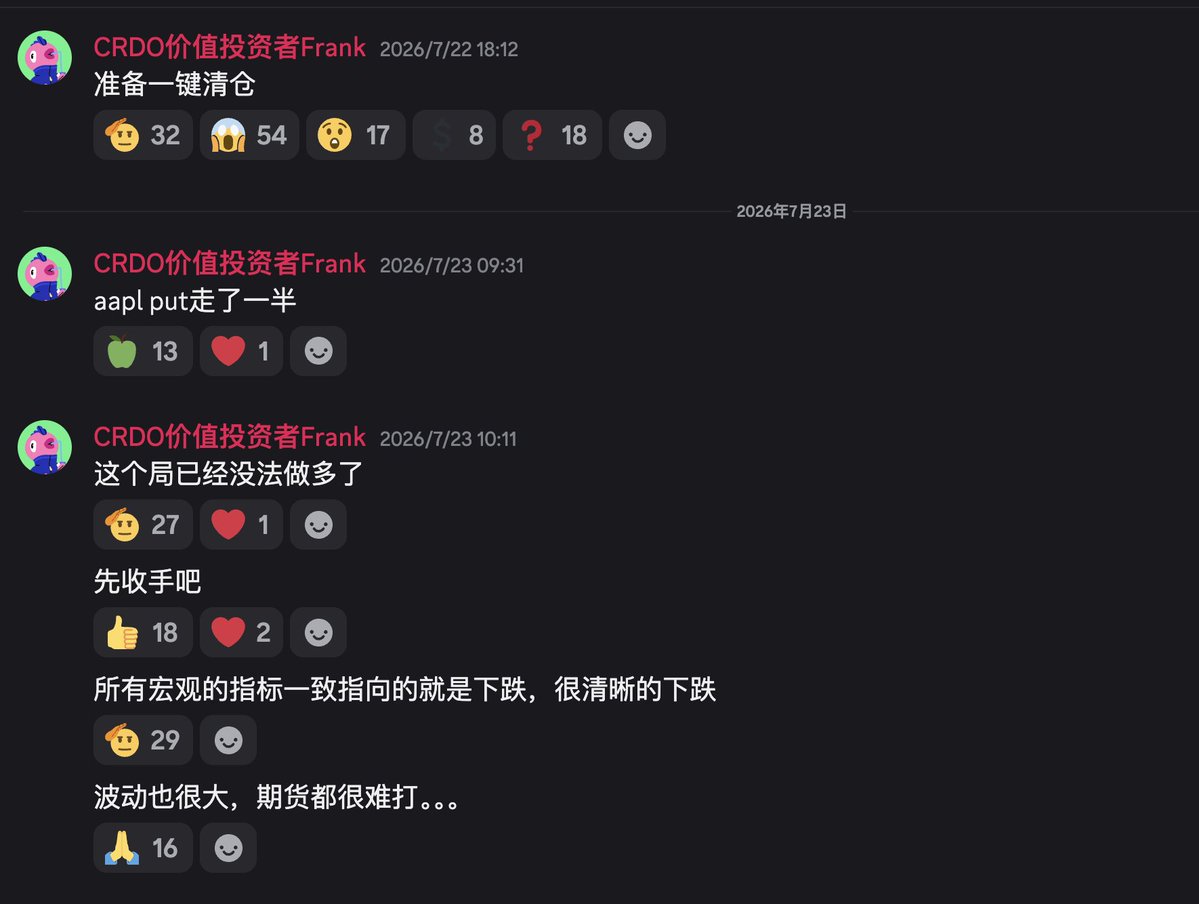 Franktradinglog's tweet photo. 我们7/22一键平仓了所有，避开了这一波巨大的flush。
事实上，这种内生性的去杠杆行情，如果没有外源利好，只会无限下跌。
短期之内能看到的利好有：fomc，msft，amzn，meta财报可能产生向上的动力。
跌吧多跌点，我要来捡尸体了。 https://t.co/rGPcxtZXpE