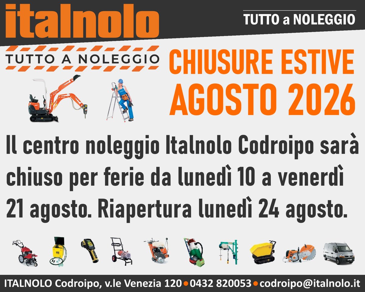 BortolottiSnc's tweet photo. ITALNOLO CODROIPO: AVVISO CHIUSURA ESTIVA | saremo chiusi dal 10 al 21 agosto compresi, quindi ultimo giorno di apertura venerdì 7 agosto e riapertura lunedì 24 agosto https://t.co/bYqd2xF28N