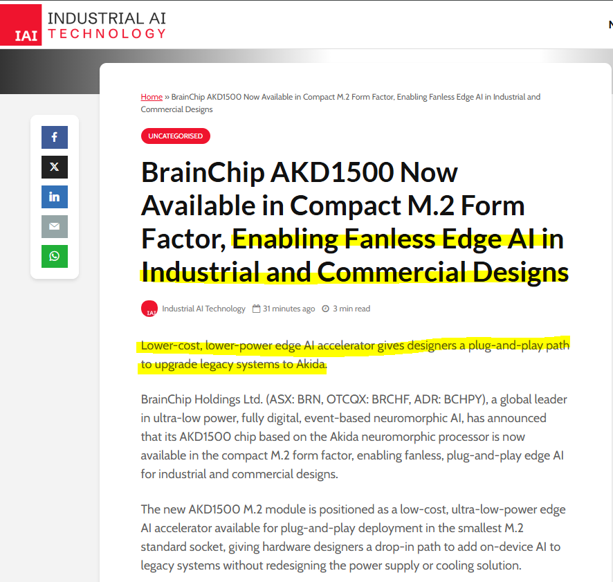 MIAM_Schwan's tweet photo. BrainChip AKD1500 Now Available in Compact M.2 Form Factor, Enabling Fanless Edge AI in Industrial and Commercial Designs
@BrainChip_inc #Akida https://t.co/smiJasvaPD