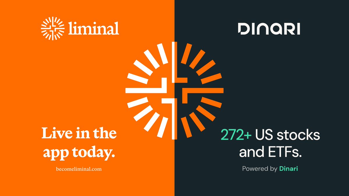 liminalcash's tweet photo. Managing your financial life shouldn't mean switching between apps.

Today, we're excited to announce our partnership with @DinariGlobal to bring tokenized U.S. equities directly to Liminal! https://t.co/XSOmaJfRy2