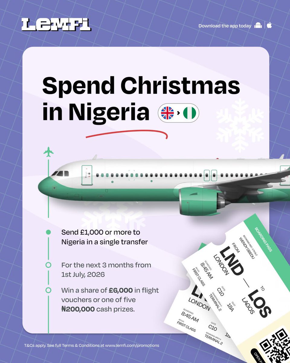 __Softlife's tweet photo. December in Nigeria is worth every moment if you can survive the flight prices. 😅 Thankfully, LemFi’s £1,000 December flight giveaway could make getting home a lot easier.

@uselemfi

#DecemberInNigeria https://t.co/vQWepTG0ag