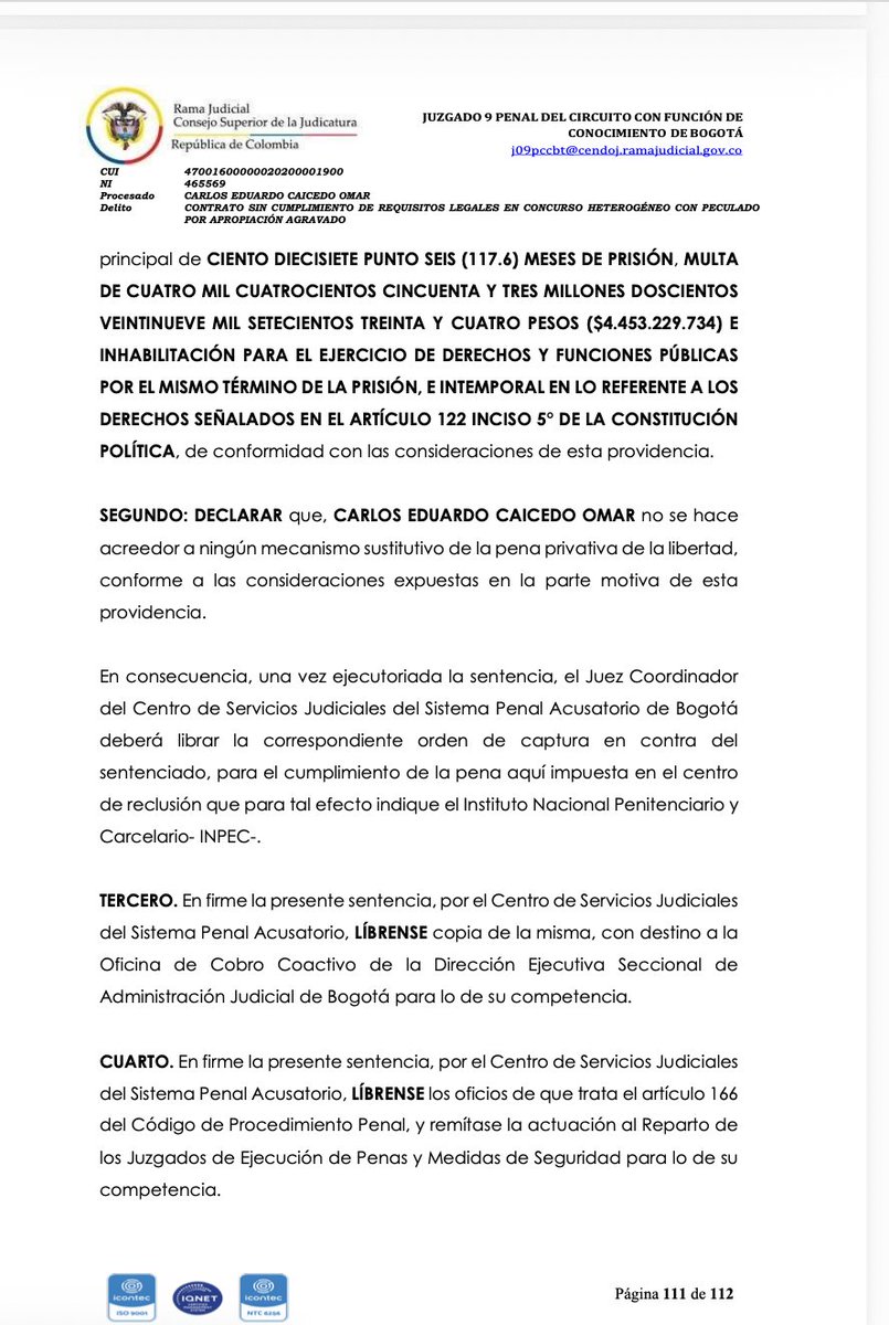 Melquisedec70's tweet photo. Atención. La condena por corrupción contra el exgobernador de Magdalena, exalcalde de Santa Marta y aliado de Iván Cepeda, Carlos Caicedo Omar, es de 9 años y 9 meses de cárcel.
Pero solo será capturado si la condena queda en firme. Vendrá segunda instancia y luego Casación ante la Corte Suprema.