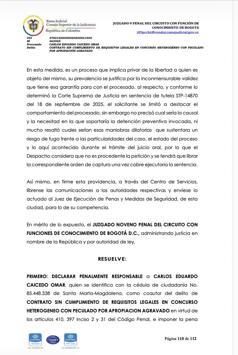 Melquisedec70's tweet photo. Atención. La condena por corrupción contra el exgobernador de Magdalena, exalcalde de Santa Marta y aliado de Iván Cepeda, Carlos Caicedo Omar, es de 9 años y 9 meses de cárcel.
Pero solo será capturado si la condena queda en firme. Vendrá segunda instancia y luego Casación ante la Corte Suprema.