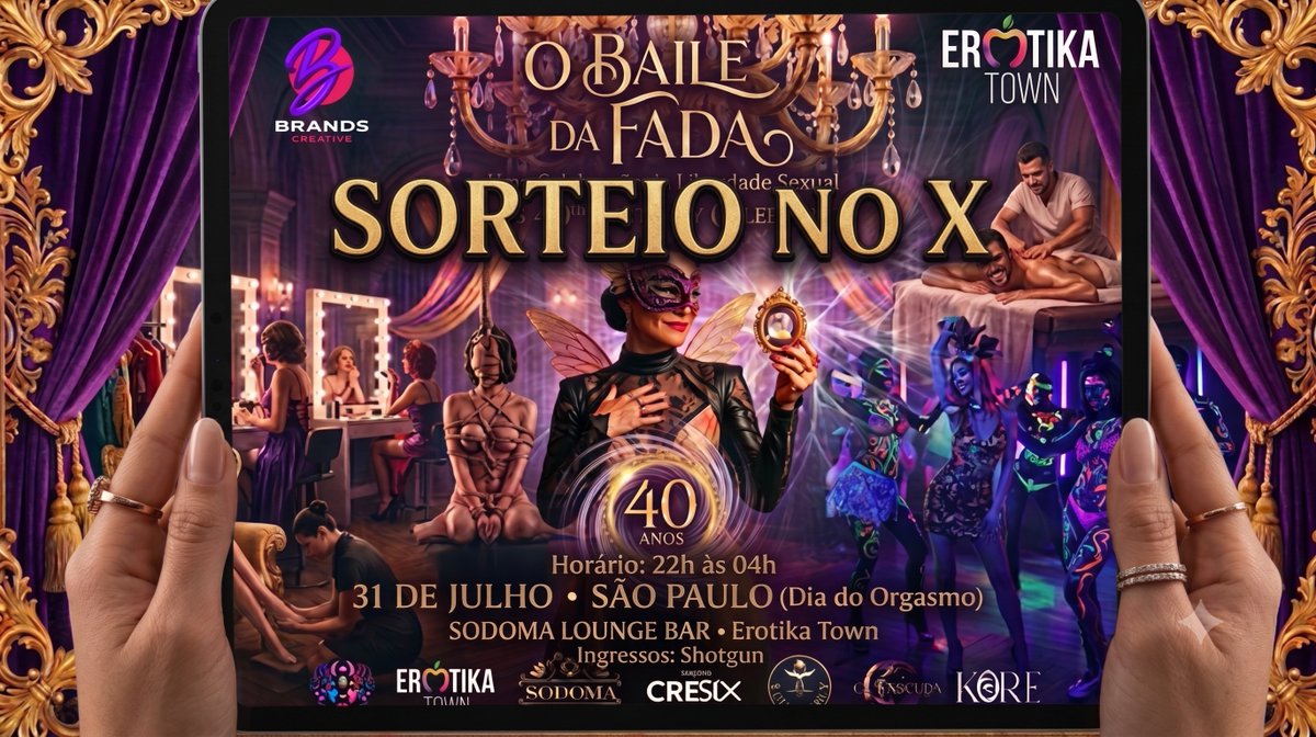 erotikatown's tweet photo. SORTEIO: BAILE DA FADA NO DIA DO ORGASMO

Quer viver uma jornada inesquecível de autoconhecimento do prazer, muita música, conexões reais e aquela dose certa de putaria?

Vamos levar você + 1 acompanhante para curtir o Baile da Fada no Sodoma Lounge Bar🔥 com a experiência Forced Orgasm da BDSM Luxury (exclusivo)

Para participar:
🔄 Dar RT neste post 
🤍 Curtir 
💬 Comentar marcando quem vai viver essa experiência com você!

Regras e detalhes no fio abaixo! 👇