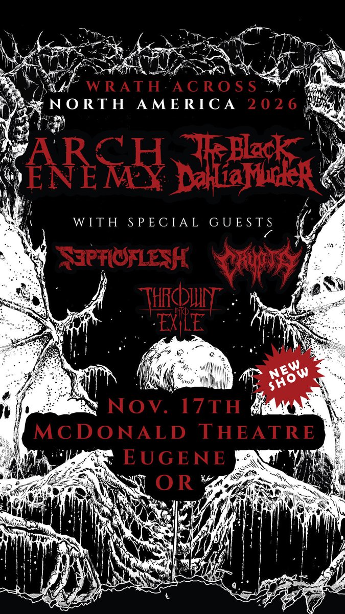archenemymetal's tweet photo. 🇺🇸 Eugene, OR - are you ready? We’ve just added a brand new date to the tour! 🤘⚡️

📍 11/17 - Eugene, OR @ @mcdnldtheatre 

🎟️ Tickets go on sale this Friday - or use code "Wrath" for presale! 

🔗 https://t.co/Y7XO9qxQVw

#archenemy #wrathtour #live #northamericantour https://t.co/sV79j1fAjF