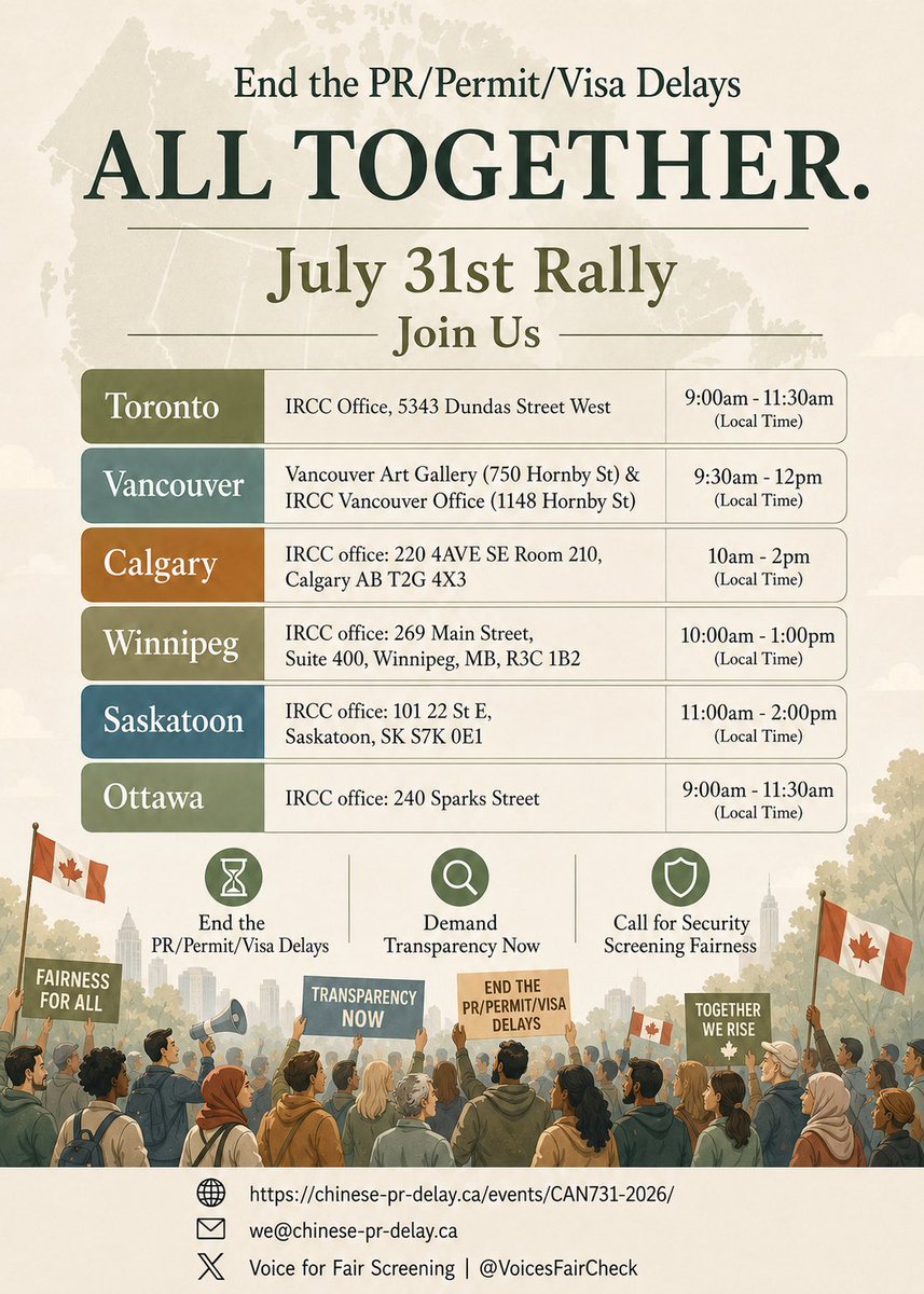 VoicesFairCheck's tweet photo. End the PR/Permit/Visa Delays! 📢🇨🇦
Join our July 31st nationwide rally across 6 cities to demand fairness and transparency!
#IRCC #cdnpoli #cdnimm #CBCNews @CitImmCanada @CanBorder @csiscanada @MarkJCarney @JulieDzerowicz @LenaMetlegeDiab https://t.co/mys6sFfeKW