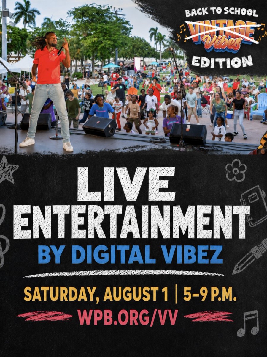 DowntownWPB's tweet photo. Digital Vibez brings the energy to 𝗩𝗶𝗻𝘁𝗮𝗴𝗲 𝗩𝗶𝗯𝗲𝘀 Aug. 1 with live entertainment, karaoke, a 360 photo booth, interactive games, music, prizes and more. Join this free family event from 5-9 p.m. at the WPB Waterfront. 

Details: https://t.co/t6JS9uNCDn https://t.co/QhMmdjWLP3