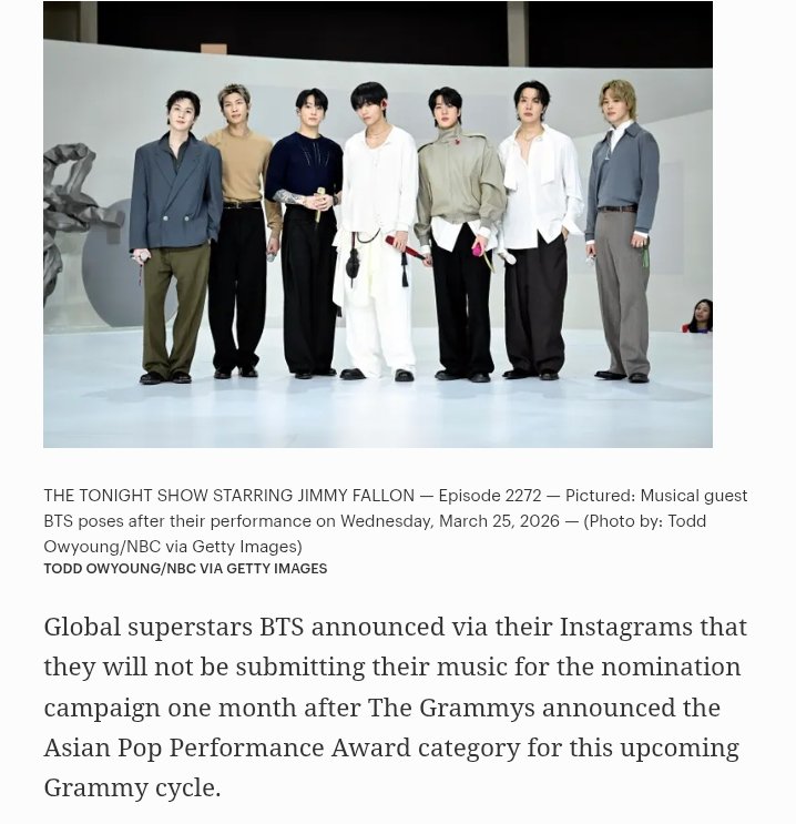 Mikro_Mexico's tweet photo. 📰 [FORBES] 🌎

Forbes analizó la decisión de BTS de no presentar ARIRANG ni otros de sus trabajos para consideración en los GRAMMY Awards 2027, señalando el impacto que tiene esta postura tras el éxito internacional alcanzado por el álbum.

El medio destaca que, gracias a su desempeño comercial y en las listas musicales, ARIRANG había sido considerado por diversos analistas como un posible contendiente en la próxima edición de los premios.

Asimismo, recuerda que los integrantes de BTS manifestaron en distintas ocasiones su deseo de obtener un Grammy. Sin embargo, desde entonces el grupo ha continuado ampliando su legado con nuevos récords, reconocimientos y una creciente influencia a nivel mundial.

En su artículo, Forbes interpreta que la decisión del grupo está relacionada con la reciente creación de la categoría “Best Asian Pop Music Performance”, planteando un debate sobre la clasificación de la música con base en criterios regionales o lingüísticos.

El medio también resalta que ARIRANG representa cómo una obra puede conectar con millones de personas alrededor del mundo sin que el idioma sea una barrera.

Finalmente, Forbes concluye que la ausencia de BTS en la próxima edición de los Grammy envía un mensaje sobre la postura del grupo frente a estos cambios y abre una conversación más amplia sobre el reconocimiento de los artistas en la industria musical global.

🔗:https://t.co/RyOAZavfgJ

Mikrokosmos México
One ARMY. One Stream. One Voice. 💜