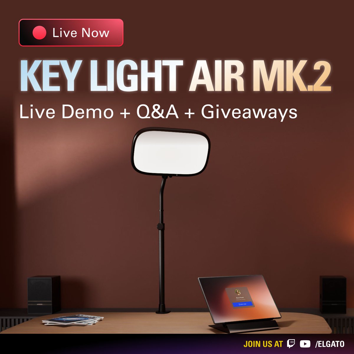 elgato's tweet photo. Lighting struggles? We're about to shed some light on that. 💡

We're live now with a Key Light Air MK.2 breakdown, Q&amp;A, and giveaway.

➜ https://t.co/WMisjT8t2I https://t.co/qGlQCnrXzC