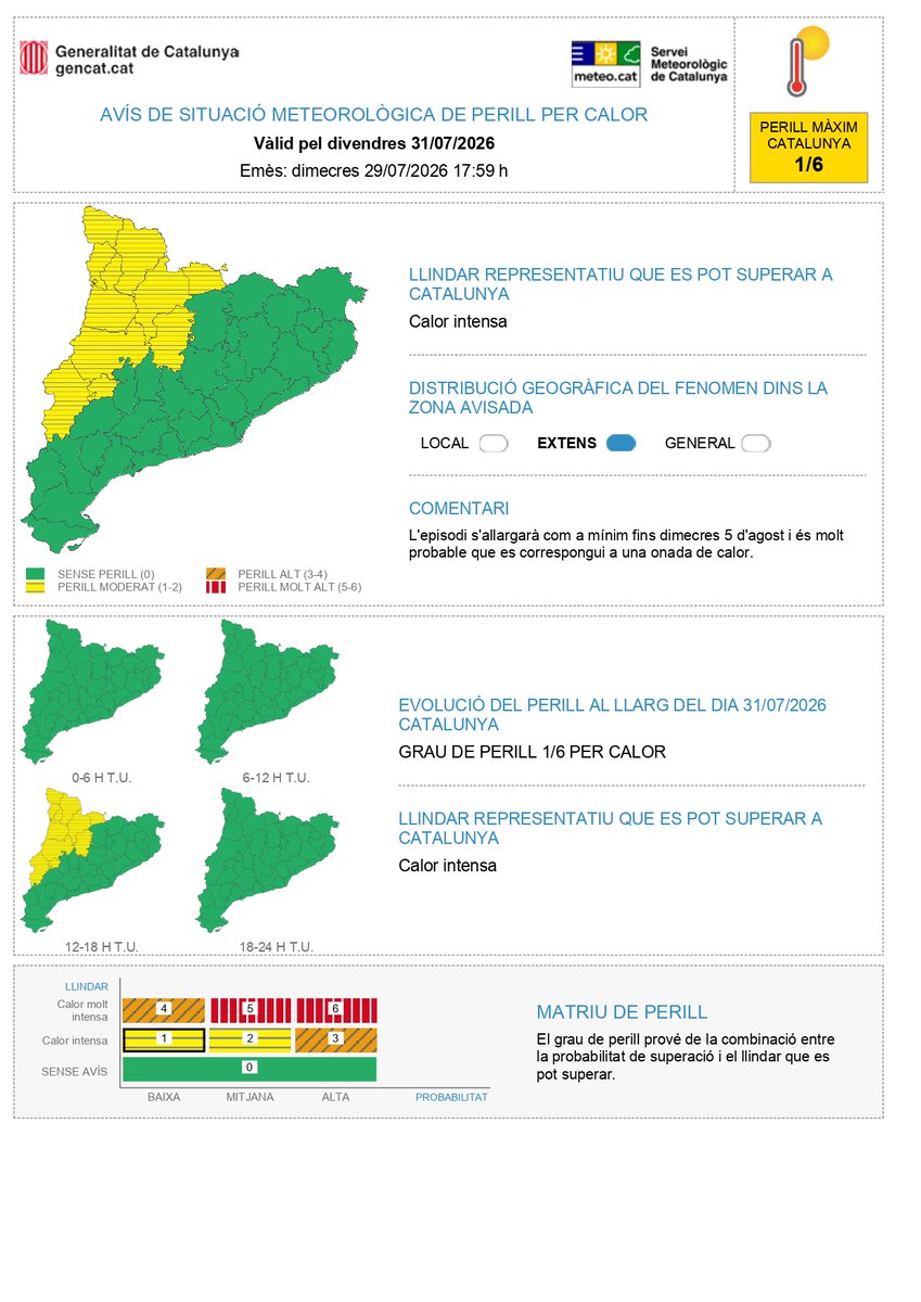 meteocat's tweet photo. ⚠ El Servei Meteorològic de Catalunya actualiza l'avís de situació meteorològica de perill (#avisosSMP) per calor ⚠
➡ Dj. a Dv. 14:00 a 20:00 h
➡ Llindar que es pot superar: calor molt intensa
➡ Grau de perill màx. 🟠 4/6

*Hora local (h) = TU +2 https://t.co/j1p8e0FZLg