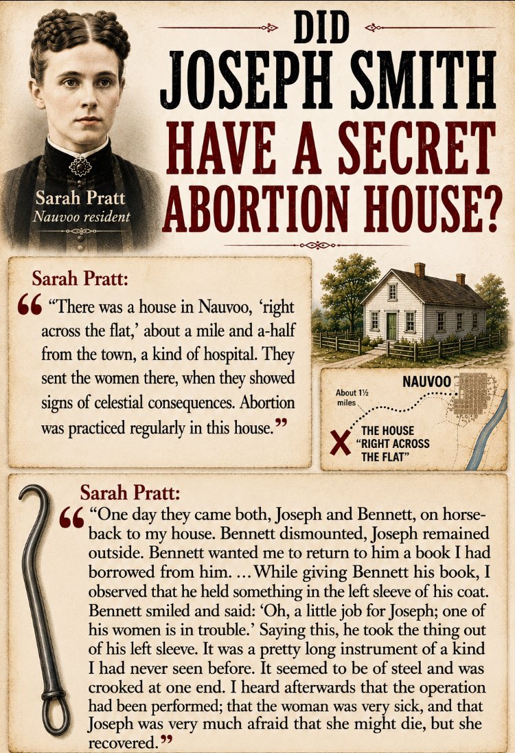 dttpeople's tweet photo. More about Joseph Smith and Nauvoo Mormon Abortion allegations from Sarah Pratt.
She says here that Joseph set up a special house outside of town, where they sent women who "showed signs of celestial consequences" (were pregnant).  
John C Bennett is the abortion doctor: https://t.co/9KoDxaWkTm