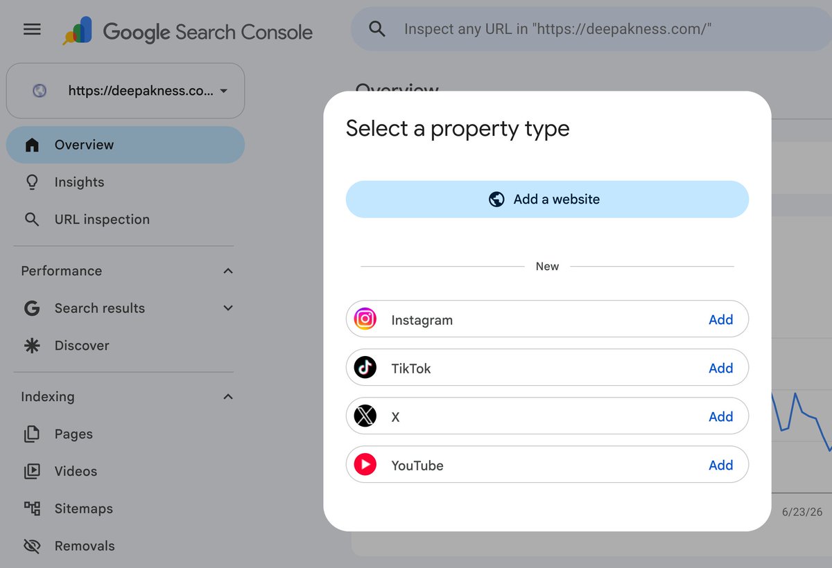 DeepakNesss's tweet photo. You can now add your Instagram, TikTok, X, and YouTube properties to Google Search Console as well.

Great feature, tbh. 🔥 https://t.co/VjpmfUjnDL