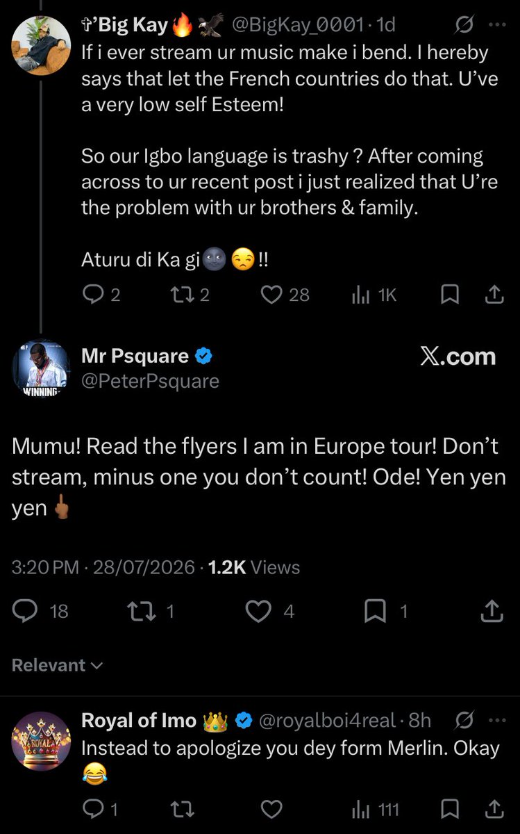 BigKay_0001's tweet photo. @PeterPsquare Was this not ur Response? U’re literally a narcissist &amp; a clown!! I’ll stand on my words for hundred times. Let the French Countries go stream ur Wack songs. 
I am proudly an Igbo man. I’m minus one na so ur few fans go deyy minus themselves step by step.
Ihere mee gbukwa gi.😒📍 https://t.co/STwkn4iwxf
