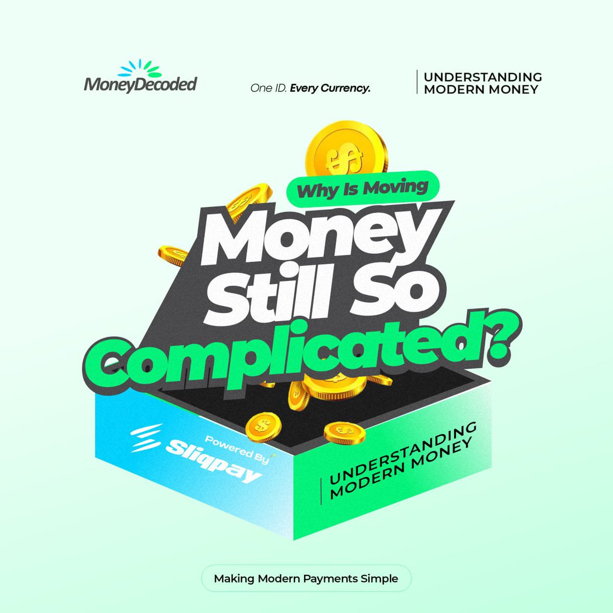 SliqPay's tweet photo. 📖 Money Decoded:
#1 Understanding Modern Money.

We can send a WhatsApp message from Lagos to London in seconds.
We can join a video call with someone in Tokyo instantly.
But sending money is still so complicated in 2026?

The reason isn't because technology is slow.

It's because money doesn't move through one universal system like the internet does.
Think about it.

When you send money, it may pass through:

• Your bank 
• A payment processor 
• Currency conversion 
• Settlement networks 
• Compliance checks 
• The recipient's bank

Each one has different rules;

==> Banks built banking rails.
==> Card companies built card networks.
==> Mobile money providers built their own ecosystems.
==> Crypto introduced blockchain networks.

Each solved a different problem.

Few were designed to work seamlessly together.

The result?
Money becomes fragmented.

The same value behaves differently depending on where it's stored;
Your bank account.
A crypto wallet.
Mobile money.
A prepaid card.

Different systems. Different rules.
The future of payments isn't about creating more financial systems.

It's about making existing systems work together.

💡 Key takeaway:
Moving money isn't difficult because money is digital.
It's difficult because financial systems weren't built to communicate seamlessly with one another.

Money is digital and can move  across the internet in milliseconds...
So why can't it move freely between the apps, banks and blockchain we use every day?

We'll unpack that next week.