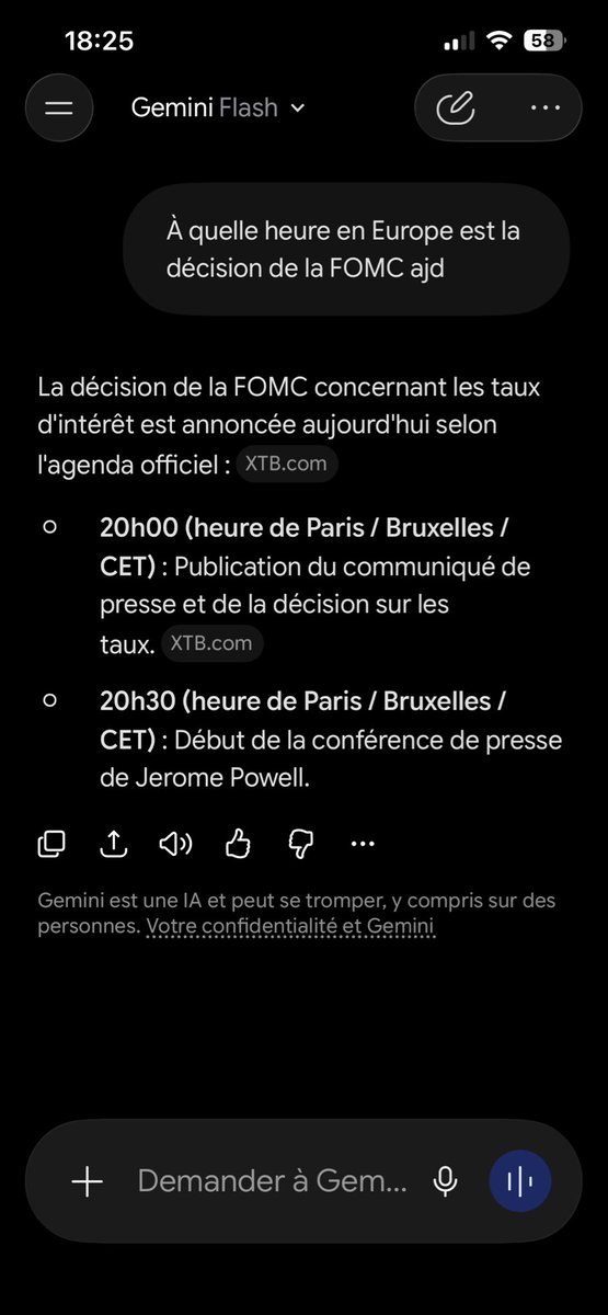 SebCh_'s tweet photo. @benjamincowen Asked Gemini when the decision was in CET. Seems like Jerome Powell will give its press conference at 8:30pm. Sigh. (Pardon my French) https://t.co/FRjWvvHKyC