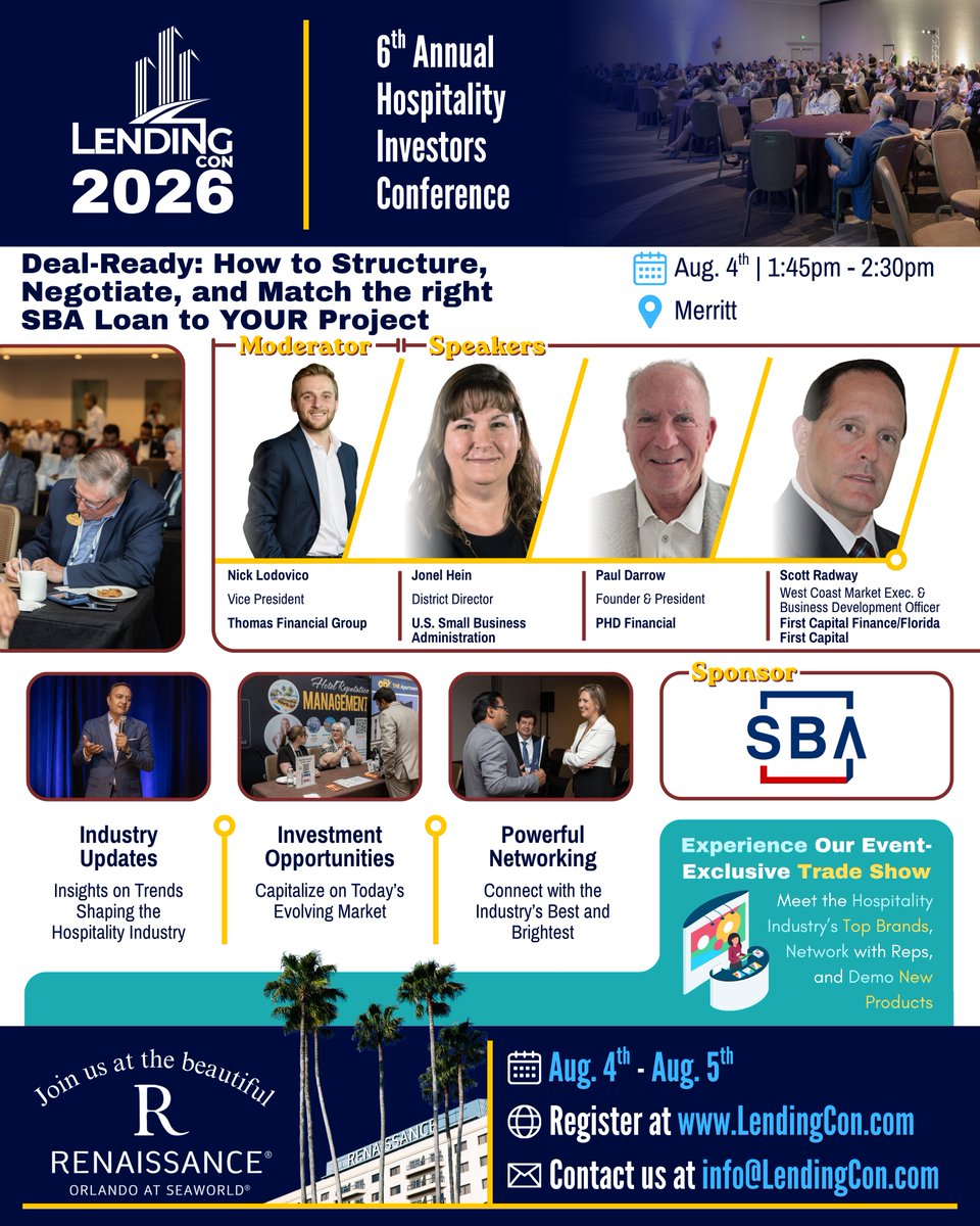 LendingCon_'s tweet photo. 🔗 Don't miss out on this informative panel, and more, at #LendingCon; from Aug. 4th - 5th, at the beautiful Renaissance Orlando At SeaWorld! Register today, while spots last, at: https://t.co/6vx2NolnUk

#SmallBusiness #SmallBusinessLoan #HospitalityConference https://t.co/R2ZmOGoLbH