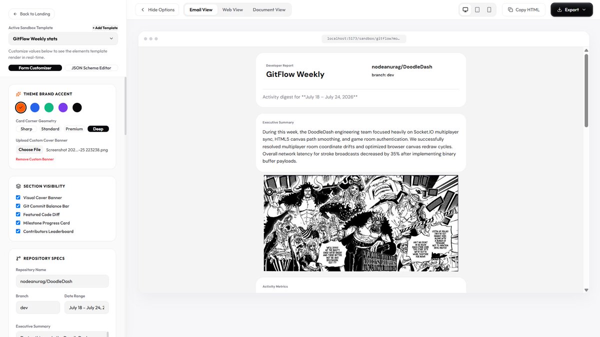 anuragdotdev's tweet photo. Just shipped my submission for the @unlayer Elements
I built Logbook Studio, a developer digest workspace that started with a simple idea: maintain one source of truth and generate every format from it.
Right now it can generate:
HTML email
Web dashboard
Print-ready PDF
JSON https://t.co/hzQ7B6SCxA