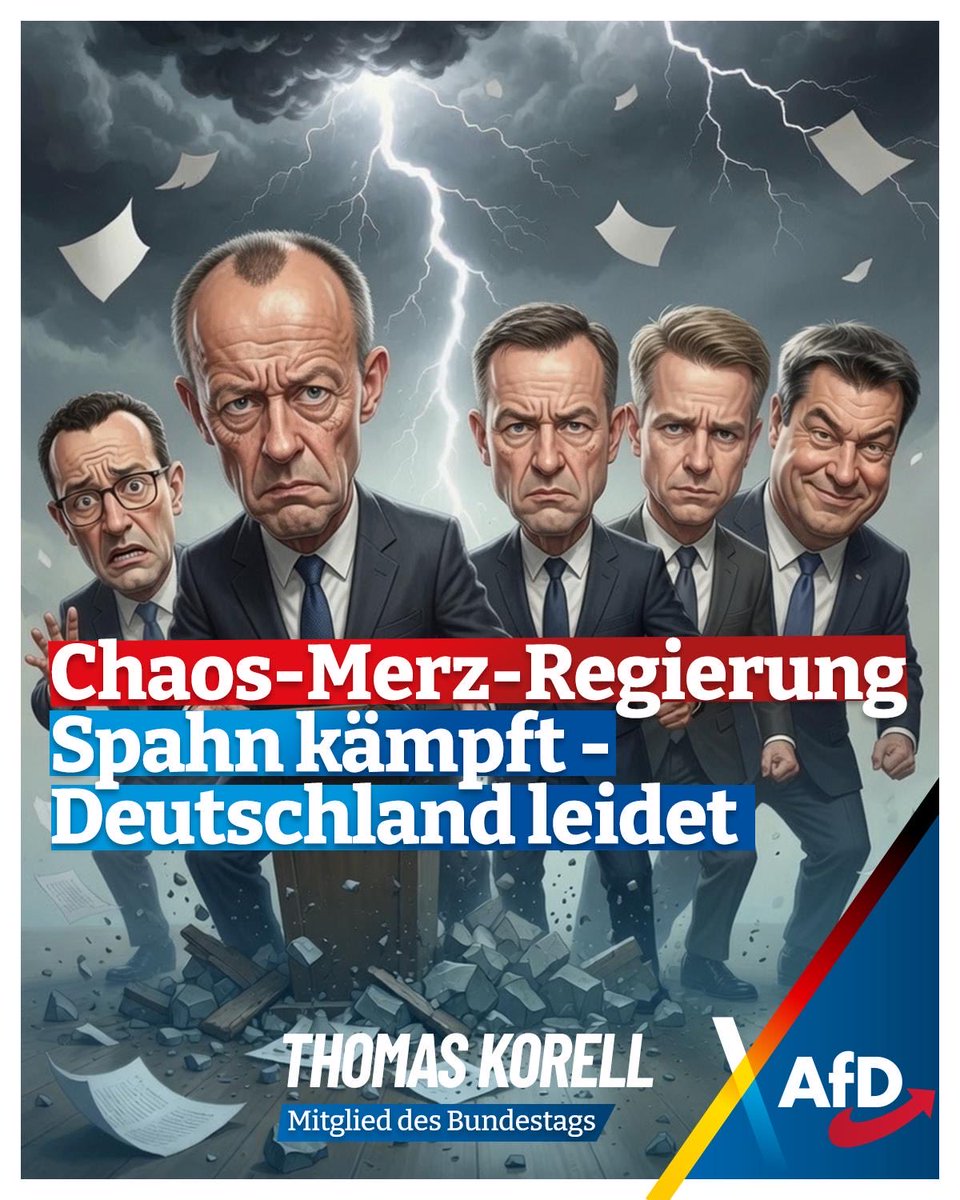 KorellThomas's tweet photo. Während die Union sich selbst zerlegt und Jens Spahn um seine Karriere kämpft, merkt das Land: Dieses System ist am Ende. Personalchaos, knappe Mehrheiten, Versprecher und leere Versprechen - Merz und Co. können Deutschland nicht retten. Zeit für echte Alternativen. https://t.co/Ki8HLm68tE