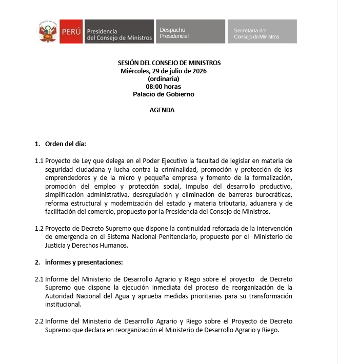 Pedro_vrae's tweet photo. Primera acción del Ejecutivo.
Luego de la primera sesión del Consejo de Ministros (realizado la mañana de este miércoles), el Ejecutivo, acuerda presentar un proyecto de delegación de facultades para legislar en seguridad, reactivación económica, impulso al desarrollo de facultades, eliminación de barreras burocráticas, simplificación administrativa; en general sobre la modernización del estado.
El proyecto, igualmente hace hincapié de un proyecto de decreto supremo, para enfrentar al Fenómeno de el Niño, así como reorganizar el Ministerio de Desarrollo Agrario y Riego. 
En realidad diversos ministerios (Educación, Cultura, Energía y Minas, Justicia, etc.) requieren una reorganización.