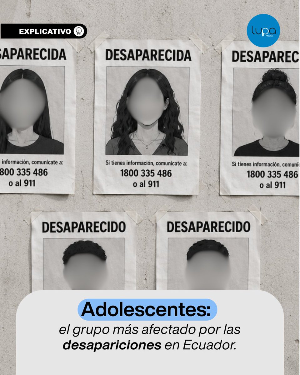LupaMediaEC's tweet photo. 🔍 #LupaTeExplica | La mitad de las personas reportadas como desaparecidas en Ecuador son adolescentes. Los datos del primer semestre de 2026 muestran quiénes son los más afectados, dónde se concentran los casos y cuántas personas siguen sin ser localizadas.
Aquí te explicamos las cifras ⬇️

1️⃣ ¿Cuántas desapariciones se registraron en Ecuador?
 ▪️ Entre enero y junio de 2026 se registraron 3.909 denuncias por desaparición.
 ▪️ Son 105 casos más que en el mismo periodo de 2025.
 ▪️ Aunque la cifra sigue por debajo de los niveles registrados entre 2017 y 2019, cuando se superaban las 5.000 denuncias semestrales, los casos se mantienen alrededor de las 4.000 cada primer semestre desde 2021.

2️⃣ ¿Quiénes son los más afectados?
 ▪️ Los adolescentes de 12 a 17 años concentran la mayor cantidad de desapariciones, con 1.960 registros.
 ▪️ Esto representa aproximadamente la mitad de todas las denuncias reportadas en el primer semestre de 2026.
 ▪️ Las mujeres también son mayoría: 2.169 fueron reportadas como desaparecidas, frente a 1.740 hombres.

3️⃣ ¿Qué ocurre después de una desaparición?
 ▪️ De las 3.909 personas reportadas, 3.067 fueron localizadas con vida.
 ▪️ 197 personas fueron encontradas fallecidas.
 ▪️ 645 personas continuaban desaparecidas al cierre del primer semestre de 2026.

4️⃣ ¿Dónde se concentran las desapariciones?
 ▪️ Quito registró la mayor cantidad de denuncias, con 823 casos, seguido de Guayaquil, con 675.
 ▪️ Cuenca, Machala, Ambato y Riobamba también estuvieron entre los cantones con más registros.

5️⃣ ¿Quiénes siguen desaparecidos?
▪️ Al cierre del primer semestre de 2026, 645 personas continuaban desaparecidas.
▪️ De ellas, 383 son hombres y 262 mujeres.
▪️ Los adolescentes siguen siendo el grupo más afectado, con 253 personas que aún no han sido localizadas, seguidos por 234 adultos de entre 18 y 34 años.
▪️ Guayaquil es el cantón que concentra la mayor cantidad de personas que continúan desaparecidas. 

6️⃣ ¿Qué hacer si una persona desaparece?
 ▪️ No es necesario esperar 24 ni 48 horas: la denuncia debe presentarse de inmediato.
 ▪️ Se puede acudir a los Servicios de Atención Integral (SAI) de la Fiscalía, a la Dinased o a la Dinapen si se trata de un niño, niña o adolescente.
 ▪️ Para activar la búsqueda es importante entregar una fotografía reciente, datos de identificación y detalles sobre el último lugar donde fue vista la persona.

🔗 Lee el explicativo completo en: https://t.co/atUkM8K01I