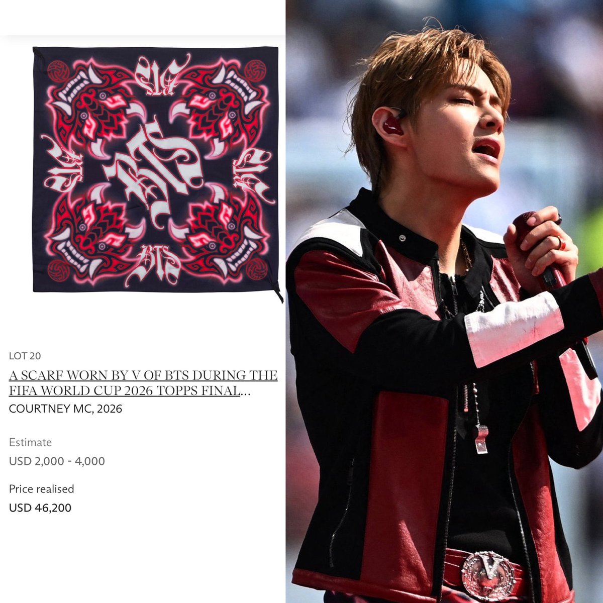 taeguide's tweet photo. [INFO] The scarf worn by Taehyung during the FIFA halftime show 2026 has now gone to the highest bidder for the price of $46,200 in the FIFA Global auction https://t.co/yWgda8diti