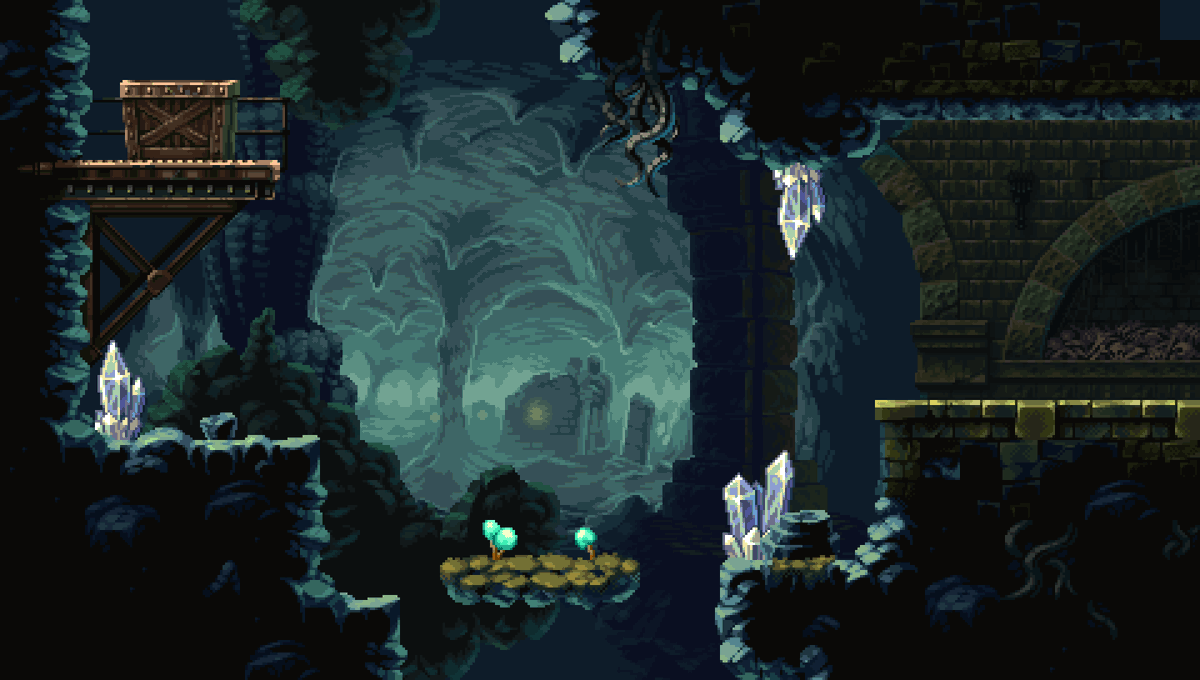 cyangmou's tweet photo. A colleague told me I should try to share some old interesting tidbits from my 16 year pixel art career, so let's go:
The caves of "Blasphemous" were actually directly inspired by the "Mummy  Demastered". My work on the Mummy game made the Game Kitchen hire me as  artist for B1 https://t.co/Z2zTIZUm4P