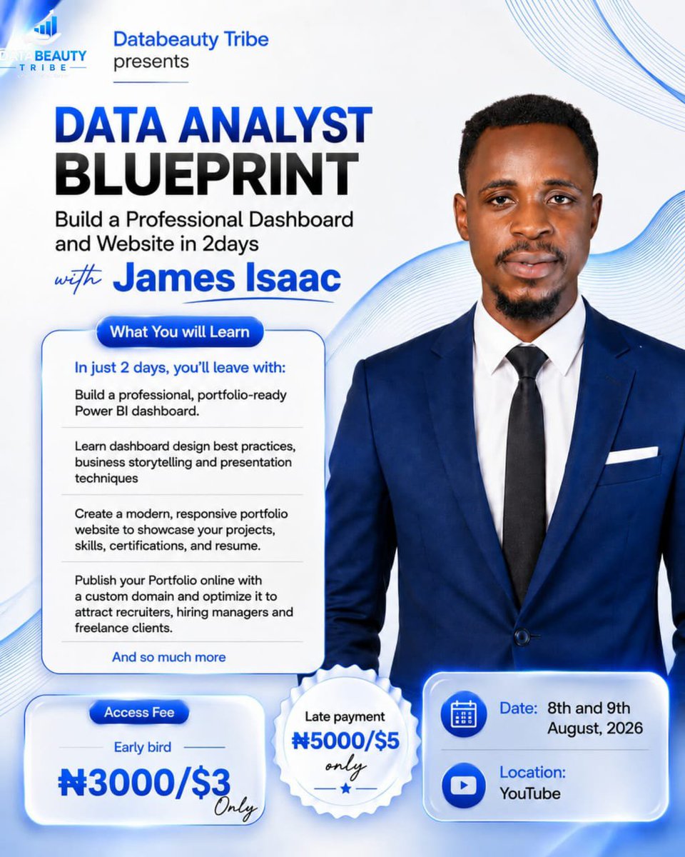 Cyndi_analytics's tweet photo. Your dashboards shouldn't be living on your locap drive.

Put them where recruiters and clients can see them.

Join @DatabeautyTribe and James Isaac on Aug 8–9 to  build and  deploy portfolio-ready  dashboards.

​🎟️ Early Bird: ₦3,000
Grab your spot👇
https://t.co/lXAj2cIYd8 https://t.co/hiHv3FZoZV