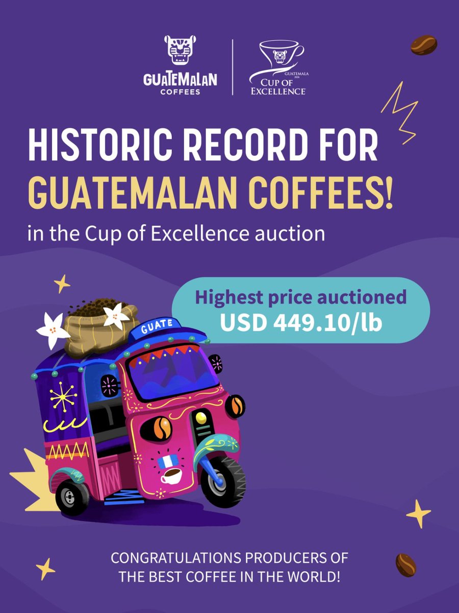 Guatemalacoffee's tweet photo. 🎉 Cup of Excellence Guatemala 2026 sets a new record! ☕🇬🇹

📈 US$449.10/lb highest price
📊 US$35.60/lb average price
💰 US$587,046.36 auction value
⚖️ 16,492 lb auctioned

Congratulations to all participating farms for showcasing Guatemalan Coffees worldwide! 🌎 https://t.co/hFl5qZU81P