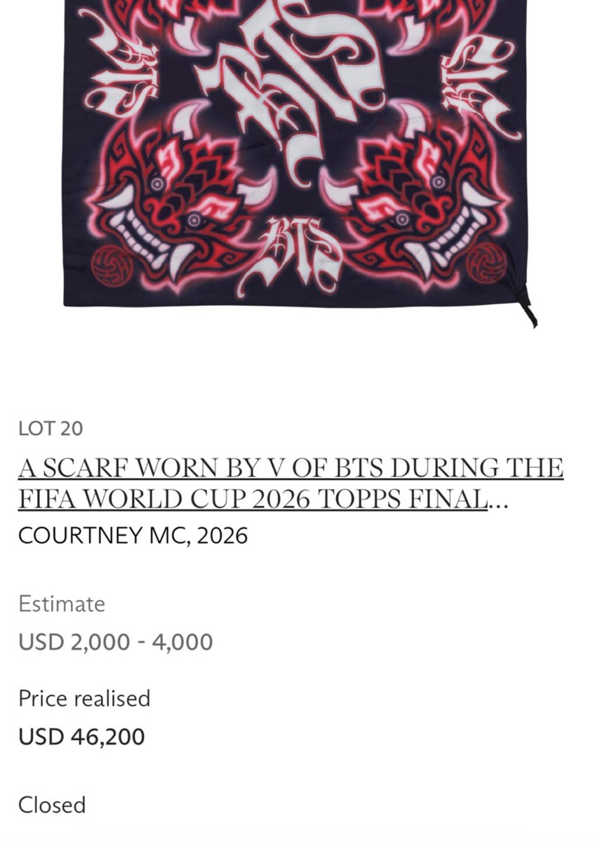 koovarbie's tweet photo. Taehyung's scarf and Jungkook's jacket from their FIFA World Cup halftime performance is now sold out for $46,2k each.

All proceeds from the auction will go to charity. https://t.co/z4J01hRxxh