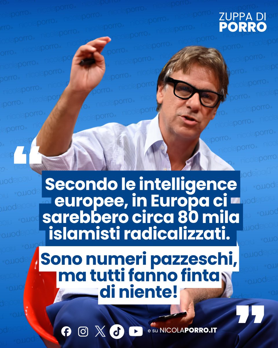 NicolaPorro's tweet photo. Secondo i dati raccolti dalle intelligence europee, in Europa ci sarebbero circa 80 mila islamisti radicalizzati. Solo in Germania 28 mila. E in Francia una quota significativa di musulmani dichiara di volere la Sharia. Sono numeri pazzeschi, che dovrebbero aprire il dibattito pubblico ogni giorno, invece vengono spesso trattati come un dettaglio. #zuppadiporro