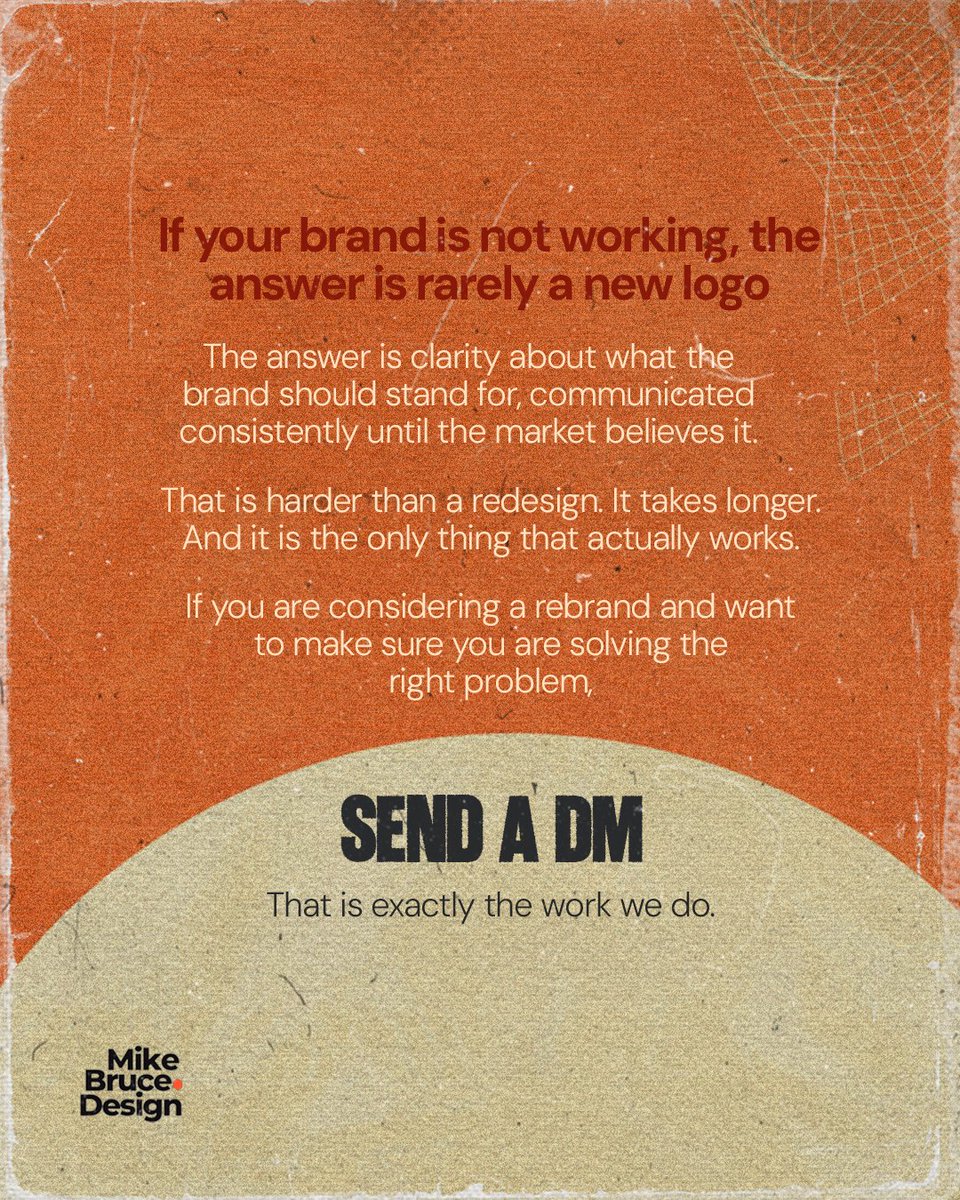 MikeBruceDesign's tweet photo. A rebrand shouldn’t be a makeover.
It should be a reset.

Fix the foundation first.
Then build something that actually lasts.

How many rebrands have you seen fall into this trap? https://t.co/QbinlIG6Jx