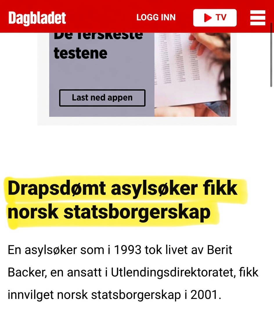 embrikAslaksen's tweet photo. I 1993 ble UDI-saksbehandleren Berit Backer,  drept i sitt eget hjem i Oslo. Gjerningsmannen var en kosovoalbansk asylsøker som nylig hadde fått endelig avslag på asylsøknaden sin, en sak Backer selv hadde behandlet. Han ble senere belønnet med norsk statsborgerskap! https://t.co/fkyVvpHWBh