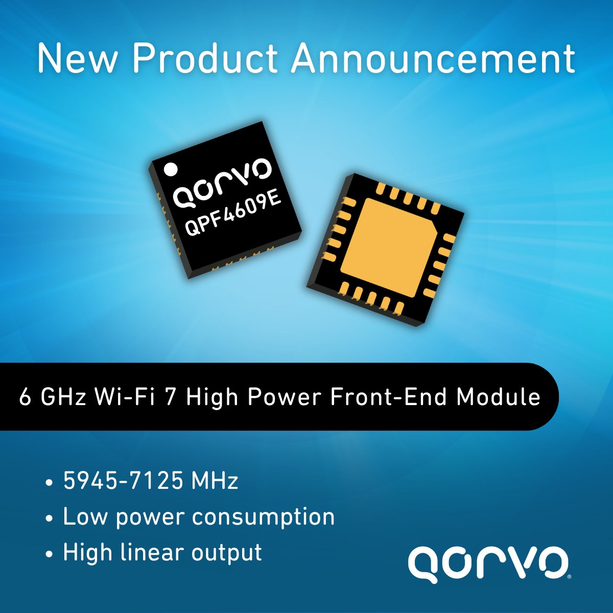 QorvoInc's tweet photo. Discover Qorvo’s QPF4609E — built for Wi‑Fi 7 systems.
Key features include high-speed processing, optimized capacity and energy-efficient design.
Find out how it works: https://t.co/r7u1SSXVFy
#WiFi7 #SmartHome #WirelessNetworks #TechInnovation https://t.co/A13gNwATom