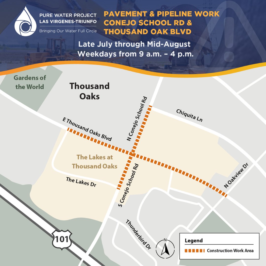 CityofTO's tweet photo. 🚧 Thousand Oaks: Construction will take place near Conejo School Rd and Thousand Oaks Blvd from late July to mid-Aug., weekdays from 9 am–4 pm Expect temporary lane closures, lane shifts, turn restrictions, flagging, and minor delays.

Info: https://t.co/c2eo8eQ2Ii https://t.co/FMD23aphjC
