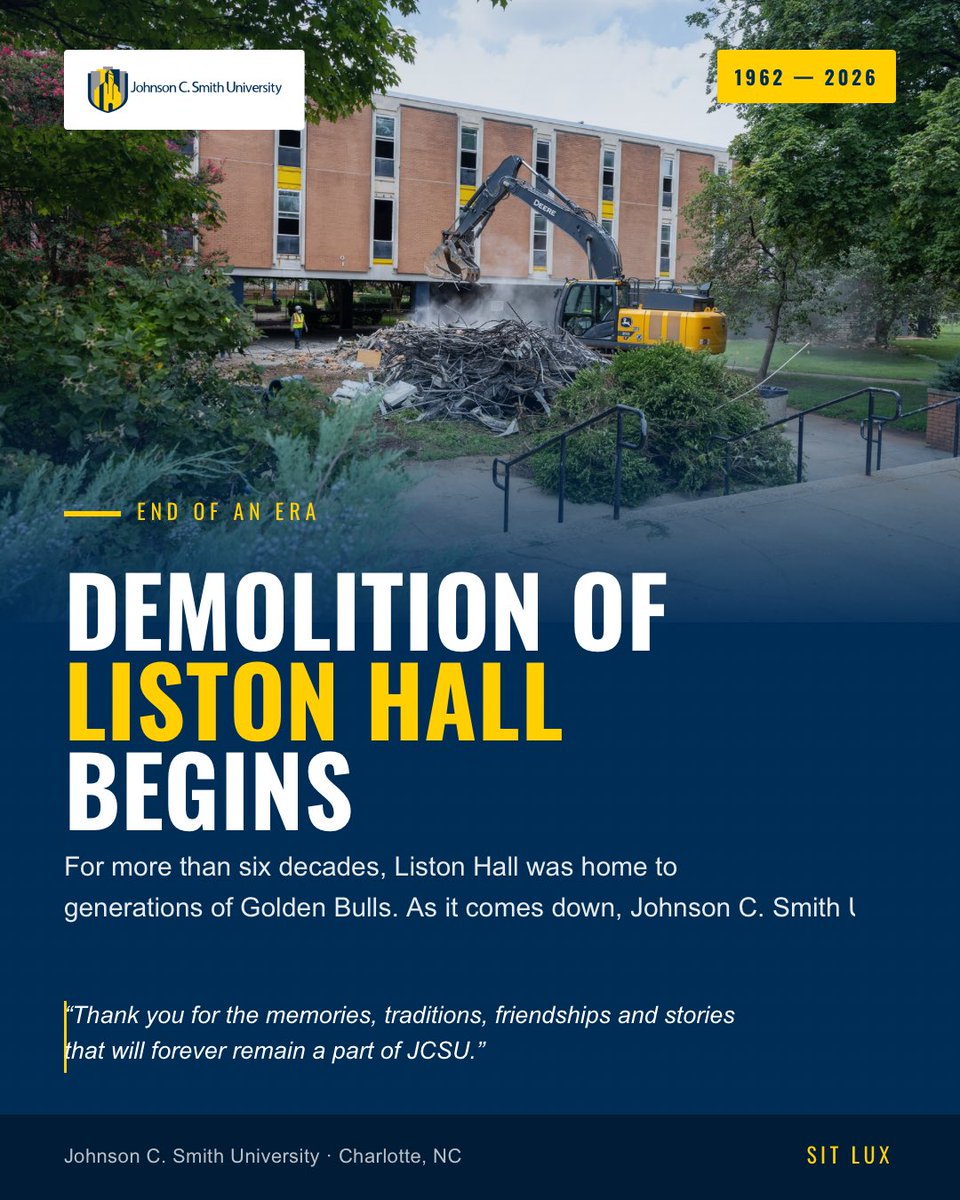 JCSUniversity's tweet photo. π END OF AN ERA π Liston Hall (1962β2026) is coming down, but the memories stay forever. As we clear space for whatβs next, we honor what came before. Thank you, Liston. ππ #JCSU #SitLux
Full Story: https://t.co/PrciE0kgm0 https://t.co/q2MtqYE0IF