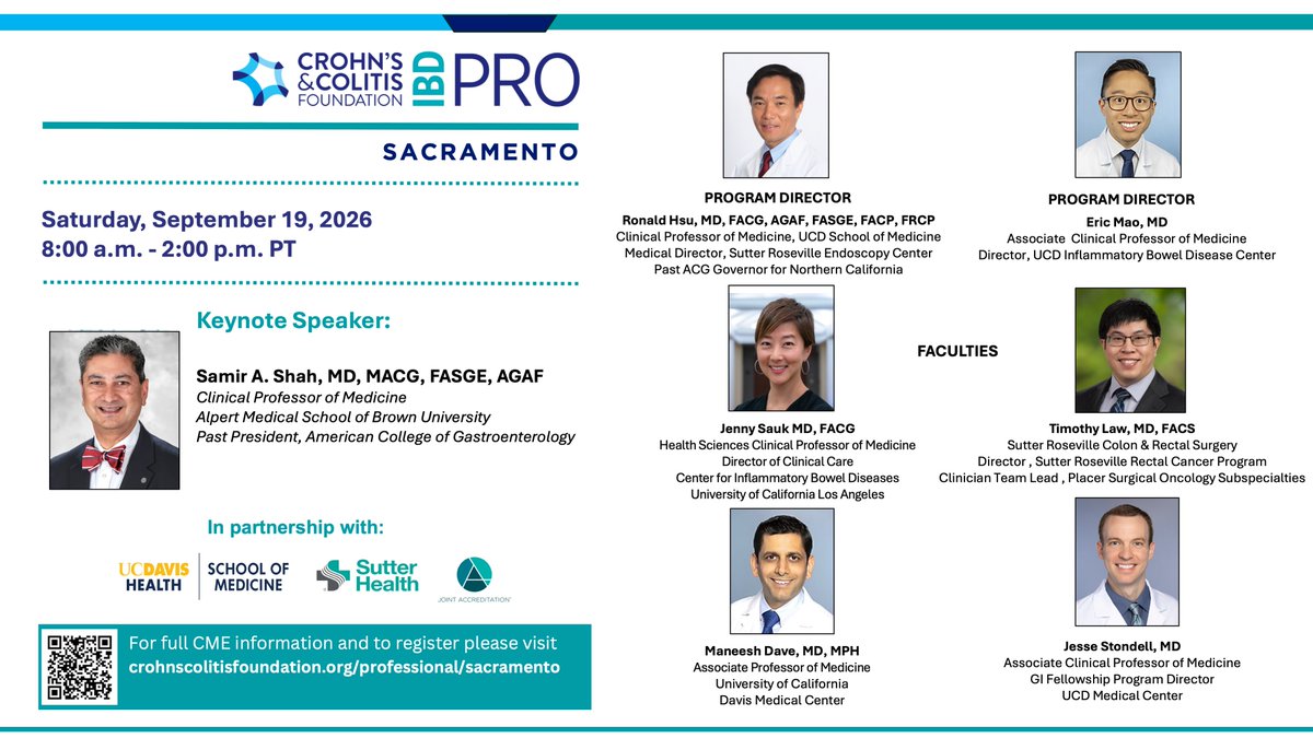 UCDavisGI's tweet photo. Please join us for our #IBDPro conference on 9/19 featuring @DrSamirAShah1 & others!
#GITwitter #IBD #MedTwitter @CrohnsColitisFn https://t.co/GDMgItX96z