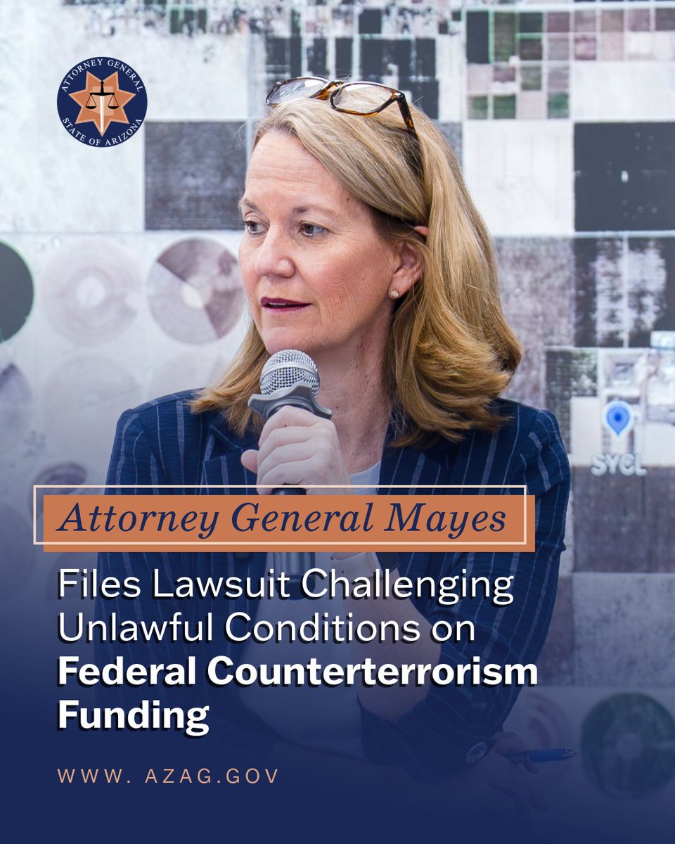 AZAGMayes's tweet photo. Congress appropriated these funds to help protect our communities from terrorism, cyberattacks, and natural disasters—not to give the federal government leverage to force states to adopt unrelated political agendas.

Press Release: https://t.co/TqOf2YRzc6 https://t.co/H5cm4Fuw7g