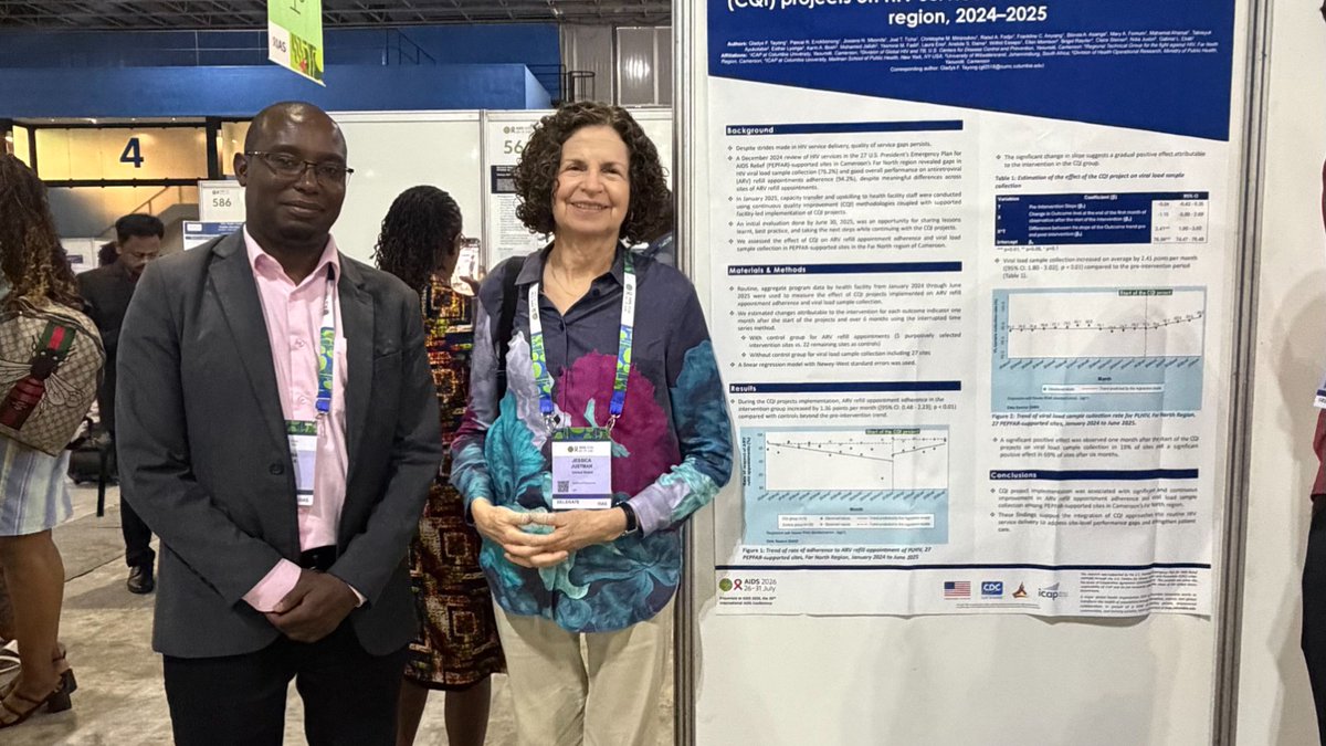 ICAP_ColumbiaU's tweet photo. Seven posters from ICAP and ICAP-related work on day 2 of #AIDS2026, including facility-led continuous quality improvement in Cameroon’s Far North, where facility teams find and fix their own bottlenecks. 📌 https://t.co/PXvM5sQ6K2
