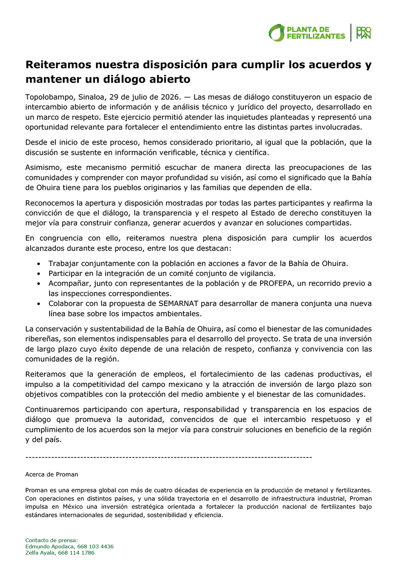 PlantaDeFertili's tweet photo. Comunicado | Planta de Fertilizantes Proman
Topolobampo, Sinaloa, 29 de julio de 2026.
Reiteramos nuestra disposición para cumplir los acuerdos y mantener un diálogo abierto. https://t.co/NGIGVBjHzg