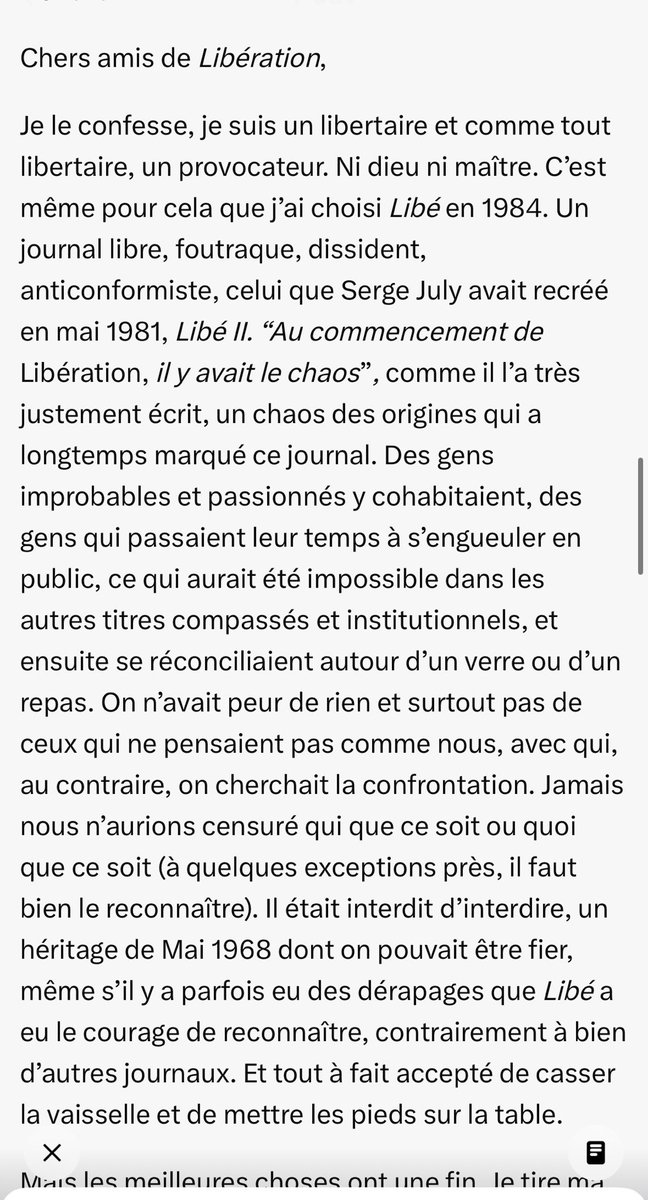MarionVanR's tweet photo. Belle et triste lettre d’adieu du social-démocrate-libertaire Jean @quatremer à Libération, son journal depuis 42 ans.

Bon vent et à bientôt sur d’autres mers agitées, cher Jean, on t’attend! https://t.co/6LNgyWhxl4