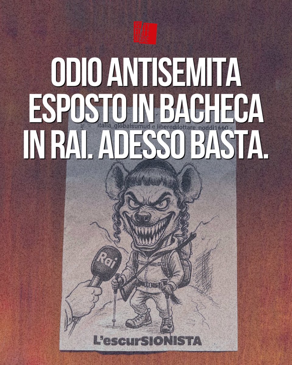 Setteottobre_'s tweet photo. Adesso basta. Un manifesto contro Giovan Battista Brunori è apparso nella bacheca sindacale in Rai. È una vignetta che usa tutti gli stereotipi dell’antisemitismo.  L’ebreo sionista, con la faccia della belva feroce. Questi sono i militanti italiani della Global Sumud Flottilla. Usano le immagini della propaganda islamica contro gli ebrei. Sono gli eroi degli aiuti umanitari, coccolati e difesi da mezzo parlamento. Sono collegati ad Hamas, vanno ai funerali di Khomeini, odiano Israele, odiano gli ebrei, odiano la libera informazione. Vorrebbero giornalisti asserviti alla propaganda islamica. Se un giornalista non fa da megafono ad Hamas, prova a dare un’informazione equilibrata, cercando di ascoltare tutte le parti in causa, è aggredito, viene richiesto il suo licenziamento, ritratto come una belva feroce, sionista ed ebrea. Per fortuna la Rai  ha reagito condannato e coinvolto la Digos. Per fortuna ci sono giornalisti che nonostante questi violenti attacchi continuano a fare bene il loro dovere. Ma quanti sono quelli che invece si lasciano intimidire? Quelli che si piegano ai diktat stalinisti di questi squadristi fascisti? Tanti a giudicare dalla lettura dei giornali e da quanto accade nelle nostre televisioni. @RaiUno @brunoriRai