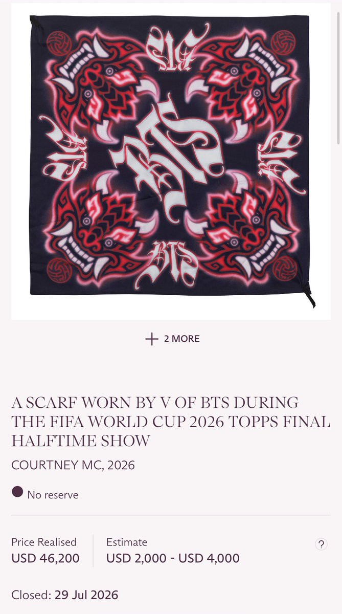 TaehyungUSA's tweet photo. Auction Closed | Final Result

V (Taehyung)’s FIFA World Cup 2026 Halftime Show scarf officially sold for $46,200 USD.

Estimated: $2,000–$4,000
Final Price: $46,200
Auction Closed: July 29, 2026 https://t.co/2OgMUqRIOL