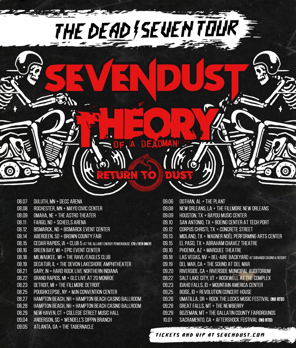 Sevendust's tweet photo. #Sevendust - @TheoryMusic - @Returntodustbnd this summer on the Dead | Seven Tour! Get your tickets and VIP experiences here: https://t.co/hOwD1ona6E https://t.co/il7PABoD1X
