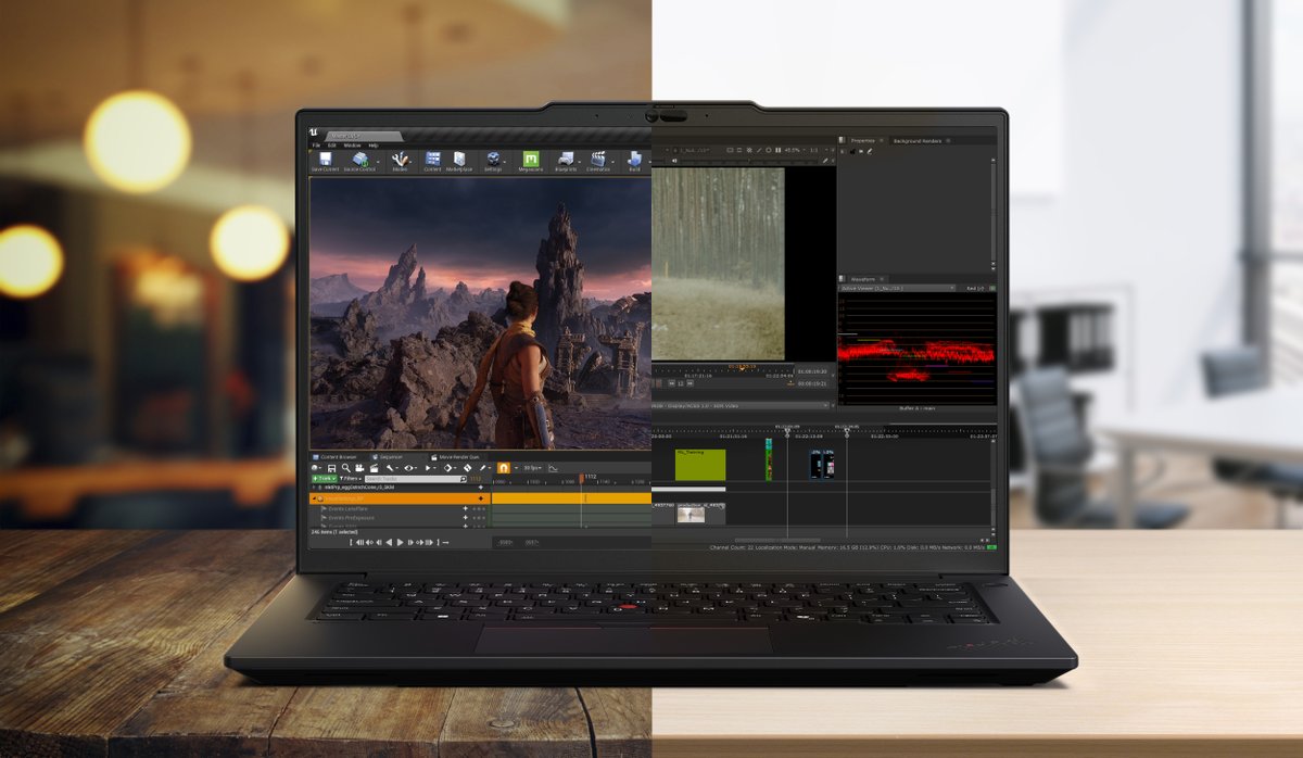 thinkstations's tweet photo. Production doesn't stop when you leave the studio. 🎥 
 
With the ThinkPad P14s i Gen 6, featuring @Intel® Core™ Ultra 200 H series processors, creators can edit, render, and review from virtually anywhere.  
 
Move from concept to final cut with confidence. #IntelvPro https://t.co/ia7DeLf7Ew